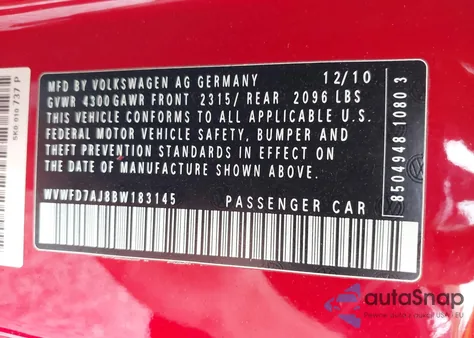2011 Volkswagen Gti 2-Door Autobahn from USA, damaged, VIN WVWFD7AJ8BW183145